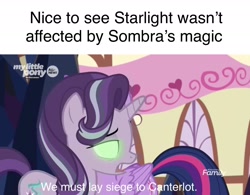 Size: 1944x1516 | Tagged: safe, edit, edited screencap, screencap, starlight glimmer, twilight sparkle, twilight sparkle (alicorn), alicorn, pony, unicorn, the beginning of the end, dark magic, discovery family logo, female, magic, mare, mind control, ponyville, sarcasm, sombrafied, starlight gets what's coming to her