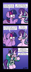 Size: 1299x3007 | Tagged: safe, artist:bobthedalek, starlight glimmer, twilight sparkle, twilight sparkle (alicorn), alicorn, pony, unicorn, the beginning of the end, bathrobe, ben and jerrys, clothes, comic, duo, female, food, heart, heart print underwear, ice cream, implied trixie, mare, messy mane, phone, purple background, robe, simple background, speech bubble, underwear