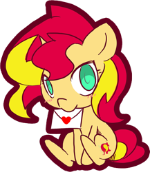 Size: 514x592 | Tagged: safe, artist:rvceric, sunset shimmer, pony, unicorn, equestria girls, blushing, bunny sitting, chibi, cute, envelope, female, heart, hearts and hooves day, holiday, letter, love letter, mare, shimmerbetes, simple background, sitting, solo, transparent background, valentine's day