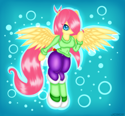 Size: 3437x3200 | Tagged: safe, artist:jcace, fluttershy, anthro, breasts, clothes, female, hootershy, solo, sweatershy