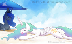 Size: 900x562 | Tagged: safe, artist:raikoh, princess celestia, princess luna, alicorn, pony, beach, eyes closed, happy, open mouth, patreon, prone