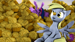 Size: 4000x2250 | Tagged: safe, artist:thevioletghost, derpy hooves, twilight sparkle, twilight sparkle (alicorn), alicorn, pegasus, pony, 3d, cute, food, muffin, source filmmaker