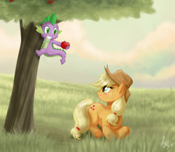 Size: 959x834 | Tagged: safe, artist:laeity, applejack, spike, dragon, earth pony, pony, apple, applespike, blushing, climbing, cute, female, male, shipping, straight, tree