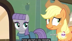 Size: 1268x716 | Tagged: safe, screencap, applejack, maud pie, earth pony, pony, maud pie (episode), all new, hub logo, meme, text, youtube caption