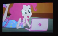 Size: 519x318 | Tagged: safe, screencap, pinkie pie, equestria girls, rainbow rocks, balloon, bracelet, clothes, computer, jewelry, laptop computer, pajamas, pinkie pie laptop, slippers