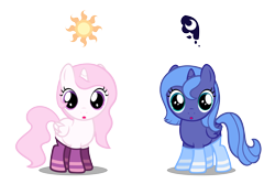 Size: 6000x4000 | Tagged: safe, artist:cencerberon, princess celestia, princess luna, alicorn, pony, .svg available, :o, absurd resolution, cewestia, clothes, filly, looking at you, pink-mane celestia, show accurate, simple background, socks, striped socks, transparent background, vector, woona