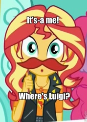 Size: 410x575 | Tagged: safe, sunset shimmer, better together, equestria girls, rollercoaster of friendship, fake moustache, geode of empathy, image macro, luigi, mario, meme, parody, super mario bros.