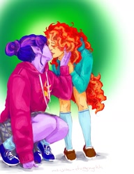 Size: 1211x1580 | Tagged: safe, artist:mr-yan-dvoynykh, sci-twi, sunset shimmer, twilight sparkle, equestria girls, alternate costumes, clothes, cutie mark on clothes, elf ears, eyes closed, female, hoodie, kissing, lesbian, scitwishimmer, shipping, shoes, sneakers, sunsetsparkle, unicorns as elves