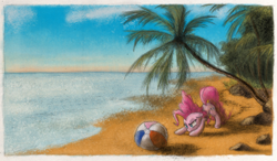 Size: 800x467 | Tagged: safe, artist:hewison, pinkie pie, earth pony, pony, beach, beach ball, eyes on the prize, ocean, pounce, scenery, solo, tree, tropical