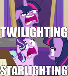 Size: 1920x2160 | Tagged: safe, edit, edited screencap, screencap, starlight glimmer, twilight sparkle, twilight sparkle (alicorn), alicorn, pony, unicorn, the beginning of the end, caption, floppy ears, hyperventilating, image macro, panic attack, starlighting, text, twilighting