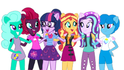 Size: 1920x1080 | Tagged: safe, artist:徐詩珮, fizzlepop berrytwist, glitter drops, sci-twi, spring rain, starlight glimmer, sunset shimmer, tempest shadow, twilight sparkle, better together, equestria girls, mirror magic, my little pony: the movie, spoiler:eqg specials, alternate mane six, base used, equestria girls-ified, ponied up, pony ears, scitwilicorn, simple background, transparent background