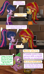 Size: 1920x3240 | Tagged: safe, artist:red4567, sci-twi, spike, spike the regular dog, sunset shimmer, twilight sparkle, dog, equestria girls, 3d, comic, dog food, phone, social media, source filmmaker