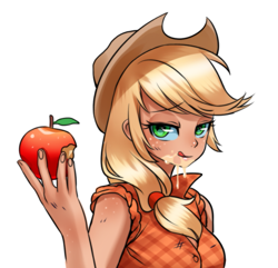 Size: 879x849 | Tagged: safe, artist:racoonsan, applejack, human, simple ways, apple, applerack, bedroom eyes, breasts, eating, female, freckles, humanized, implying, juice, juicy, licking lips, looking at you, messy eating, rolled up sleeves, scene interpretation, shoulder freckles, simple background, smiling, solo, tan, tongue out, white background