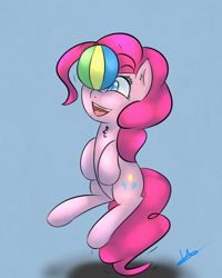 Size: 1024x1280 | Tagged: safe, artist:wolfy-pony, pinkie pie, earth pony, pony, balancing, beach ball, ponies balancing stuff on their nose, solo