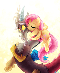 Size: 875x1062 | Tagged: safe, artist:c-puff, discord, fluttershy, draconequus, pegasus, pony, butt, chest fluff, comforting, crying, cute, digital art, discoshy, discute, eyes closed, female, fluffy, flutterbutt, flying, frown, hand on chest, heartwarming, hug, kissing, male, mare, plot, sad, shipping, shyabetes, signature, straight, sweet dreams fuel