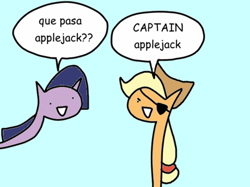 Size: 500x374 | Tagged: safe, artist:wollap, applejack, twilight sparkle, earth pony, pony, captain jack, comic, eyepatch, hilarious in hindsight, pirate, spanish