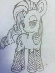 Size: 2448x3262 | Tagged: safe, artist:thewanderingtyto, rarity, pony, unicorn, bedroom eyes, clothes, grayscale, monochrome, socks, solo, traditional art