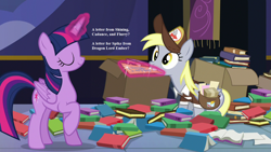 Size: 1280x720 | Tagged: safe, edit, edited screencap, screencap, derpy hooves, twilight sparkle, twilight sparkle (alicorn), alicorn, pegasus, pony, to where and back again, book, female, letter, magic, magic aura, mailbag, mare, mouth hold, package, text, twilight's castle