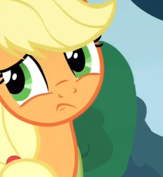 Size: 383x414 | Tagged: safe, screencap, applejack, earth pony, pony, cropped, reaction image, solo