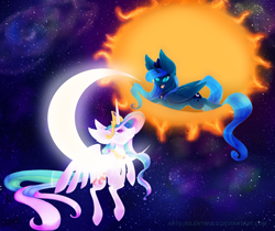 Size: 2500x2100 | Tagged: safe, artist:silentwulv, princess celestia, princess luna, alicorn, pony, ear fluff, flying, moon, prone, sisters, space, sun, tangible heavenly object