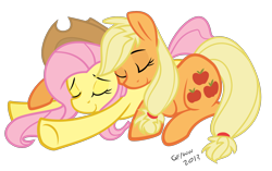 Size: 2000x1253 | Tagged: safe, artist:grayflower, applejack, fluttershy, earth pony, pegasus, pony, accessory swap, appleshy, cuddling, cute, eyes closed, female, hug, lesbian, prone, resting, shipping, sleeping, smiling, snuggling