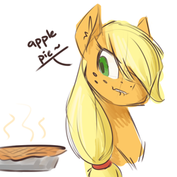 Size: 500x500 | Tagged: safe, artist:goat train, applejack, earth pony, pony, apple pie, food, lip bite, pie, simple background, solo, that pony sure does love apples