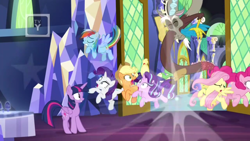 Size: 1366x768 | Tagged: safe, screencap, applejack, discord, fluttershy, pinkie pie, rainbow dash, rarity, starlight glimmer, twilight sparkle, twilight sparkle (alicorn), alicorn, draconequus, earth pony, pegasus, pony, unicorn, the beginning of the end, cowboy hat, door, female, flying, hat, male, mane six, mare, surprised, teleportation, throne room, tv rating, tv-y, twilight's castle