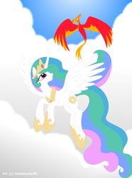 Size: 1600x2146 | Tagged: safe, artist:aldin1996, artist:theroyalprincesses, philomena, princess celestia, alicorn, phoenix, pony, cloud, cloudy, duo, female, flying, mare, sky