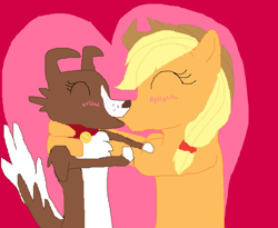 Size: 2464x2016 | Tagged: safe, artist:princess ava, applejack, winona, earth pony, pony, female, interspecies, kissing, lesbian, shipping, winojack