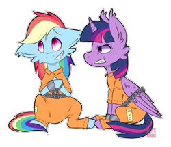 Size: 1669x1433 | Tagged: safe, artist:celiaurore, derpibooru import, rainbow dash, twilight sparkle, twilight sparkle (alicorn), alicorn, pegasus, pony, angry, bound wings, chains, clothes, cuffs, duo, frustrated, grin, nervous, nervous grin, never doubt rainbowdash69's involvement, prison outfit, prisoner, prisoner rd, prisoner ts, punishment, shackles, simple background, smiling, transparent background