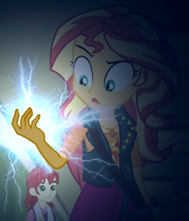 Size: 857x1000 | Tagged: safe, artist:razoredge2312, edit, edited screencap, screencap, nolan north, sunset shimmer, better together, equestria girls, forgotten friendship, chidori, cropped, hand, lightning, most likely to be forgotten, photoshop, photoshop touch, sunset holding things