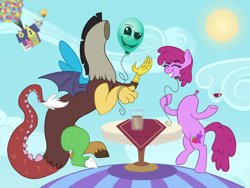 Size: 1024x768 | Tagged: safe, artist:pink-pone, berry punch, berryshine, derpy hooves, discord, draconequus, earth pony, pony, balloon discord, balloon head, balloon punch, chaos, disembodied head, duo focus, female, food, grin, male, mare, modular, muffin, smiling, up