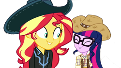 Size: 1280x720 | Tagged: safe, artist:php77, editor:php77, sci-twi, sunset shimmer, twilight sparkle, better together, equestria girls, five to nine, cowboy hat, cowgirl, cowgirl outfit, cute, duo, hat, shimmerbetes, simple background, stetson, transparent background, twiabetes