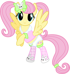 Size: 8000x8467 | Tagged: safe, artist:claritea, fluttershy, pegasus, pony, rabbit, absurd resolution, alternate hairstyle, clothes, hair bow, pajamas, panties, pigtails, ribbon, simple background, slippers, socks, solo, transparent background, underwear, vector, white underwear