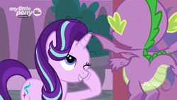 Size: 1782x1003 | Tagged: safe, screencap, spike, starlight glimmer, dragon, pony, unicorn, the beginning of the end, claws, cutie mark, duo, faceless male, female, flying, male, mare, offscreen character, one eye closed, raised hoof, smiling, winged spike, wings, wink