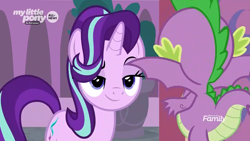 Size: 1781x1002 | Tagged: safe, screencap, spike, starlight glimmer, dragon, pony, unicorn, the beginning of the end, baby, baby dragon, claws, duo, faceless male, female, flying, lidded eyes, male, mare, raised eyebrow, smug, smuglight glimmer, spread wings, winged spike, wings