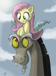 Size: 1171x1582 | Tagged: safe, artist:pixeldisc, discord, fluttershy, pegasus, pony, :3, cute, pony hat