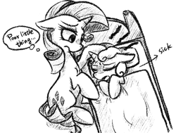 Size: 782x590 | Tagged: safe, artist:phyllismi, rarity, sweetie belle, pony, unicorn, bed, caring for the sick, comforting, mama rarity, monochrome, sick, sickie belle