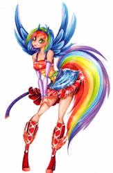 Size: 2082x3188 | Tagged: safe, artist:divinekitten, derpibooru import, rainbow dash, oc, oc only, human, clothes, cosplay, costume, dress, humanized, looking at you, simple background, solo, tailed humanization, traditional art, white background, winged humanization, wings, winx club