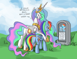 Size: 910x700 | Tagged: safe, artist:php58, artist:s.guri, edit, princess celestia, rainbow dash, alicorn, pegasus, pony, butt, celestia's grave meme, clothes, dashie slippers, exploitable meme, female, grave, implied death, mare, meme, meta, plot