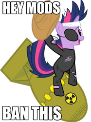 Size: 772x1034 | Tagged: safe, derpibooru import, twilight sparkle, unicorn twilight, pony, unicorn, admin, ban, dr. strangelove, future twilight, image macro, nuclear weapon, riding a bomb, simple background, solo, transparent background