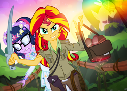 Size: 1000x720 | Tagged: safe, artist:pixelkitties, sci-twi, sunset shimmer, twilight sparkle, equestria girls, >:d, bag, bridge, evil grin, grin, gun, holster, indiana jones, indiana jones and the temple of doom, injured, looking at you, purse, rope bridge, sable, sankara stones, smiling, smirk, sword, weapon, whip