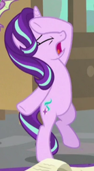 Size: 199x361 | Tagged: safe, screencap, spike, starlight glimmer, dragon, pony, unicorn, the beginning of the end, bipedal, cropped, cutie mark, drama queen, eyes closed, female, hooves, mare, offscreen character, open mouth, scroll, solo focus, stressed, underhoof, winged spike, writing