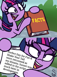 Size: 1080x1443 | Tagged: safe, artist:quarium edits, edit, sunset shimmer, twilight sparkle, twilight sparkle (alicorn), alicorn, equestria girls, perfect day for fun, rainbow rocks, shake your tail, 2 panel comic, comic, ed edd n eddy, exploitable, exploitable meme, meme, solo, twilight's fact book