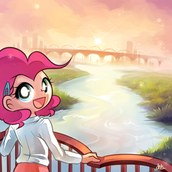 Size: 1300x1300 | Tagged: safe, artist:chch, pinkie pie, human, bridge, humanized, looking back, scenery, sun, water