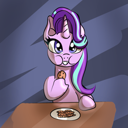 Size: 881x884 | Tagged: safe, artist:platinumdrop, starlight glimmer, pony, unicorn, cookie, cute, eating, female, food, glimmerbetes, happy, looking at you, mare, puffy cheeks, reformed starlight, smiling, solo