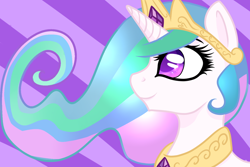 Size: 1024x683 | Tagged: safe, artist:potatogirlivy, princess celestia, alicorn, pony, bust, crown, female, horn, mare, multicolored mane, solo, white coat