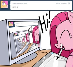 Size: 637x580 | Tagged: safe, artist:frankier77, pinkie pie, scootaloo, earth pony, pony, ask, ask pinkamena diane pie, computer, cute, cuteamena, eyes closed, mouth hold, pinkamena diane pie, recursion, tumblr