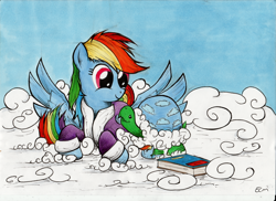 Size: 2000x1455 | Tagged: safe, artist:ecmonkey, derpibooru import, rainbow dash, tank, pegasus, pony, tanks for the memories, book, cloud, cute, dashabetes, traditional art