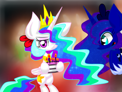 Size: 1600x1200 | Tagged: safe, artist:lovehtf421, princess celestia, princess luna, alicorn, pony, bipedal, birthday cake, cake, hair bow, smiling, unamused